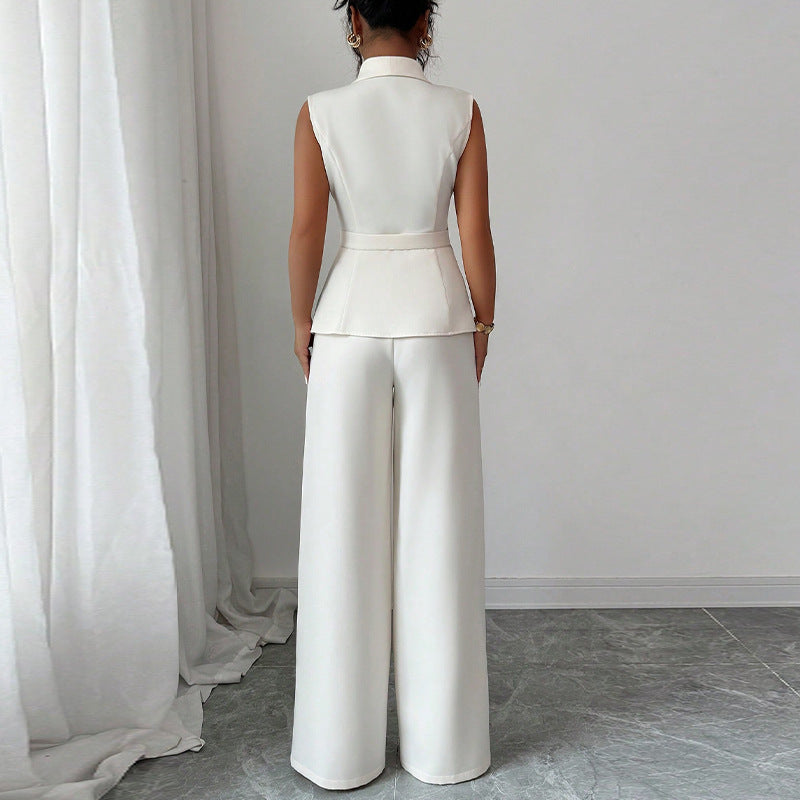 Solid Color Vest and Straight-Leg Trousers Suit for Women
