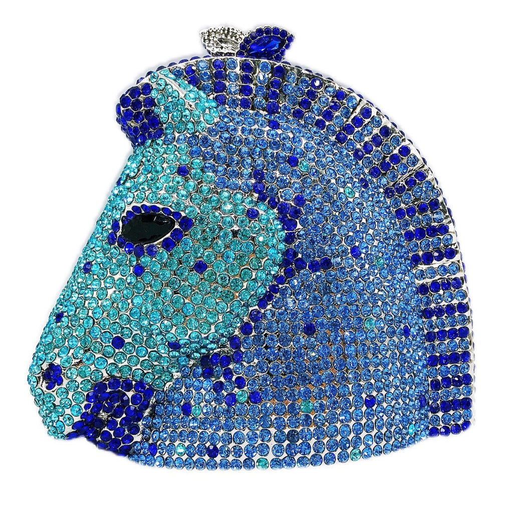 Blue Horse Head Diamond Inlaid PU Dinner Bag 14x12x8cm