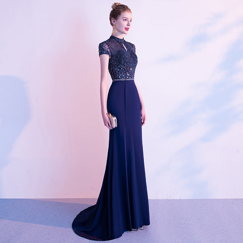 Women's Navy Diamond Banquet Evening Dress, Polyester, Short Sleeve, Long Skirt, Sizes S-XL