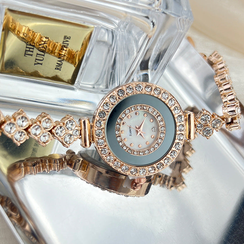 Montre à quartz pour femmes incrustée de strass en verre, couleur or, or rose et argent