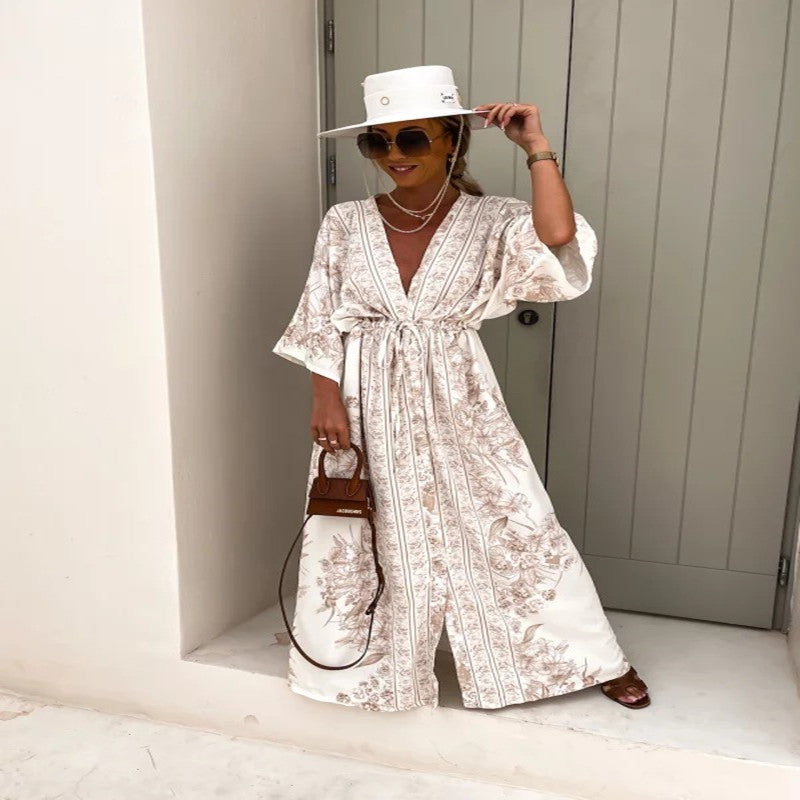 Spring Summer V-Neck Short Sleeve Printed Long Swing Skirt