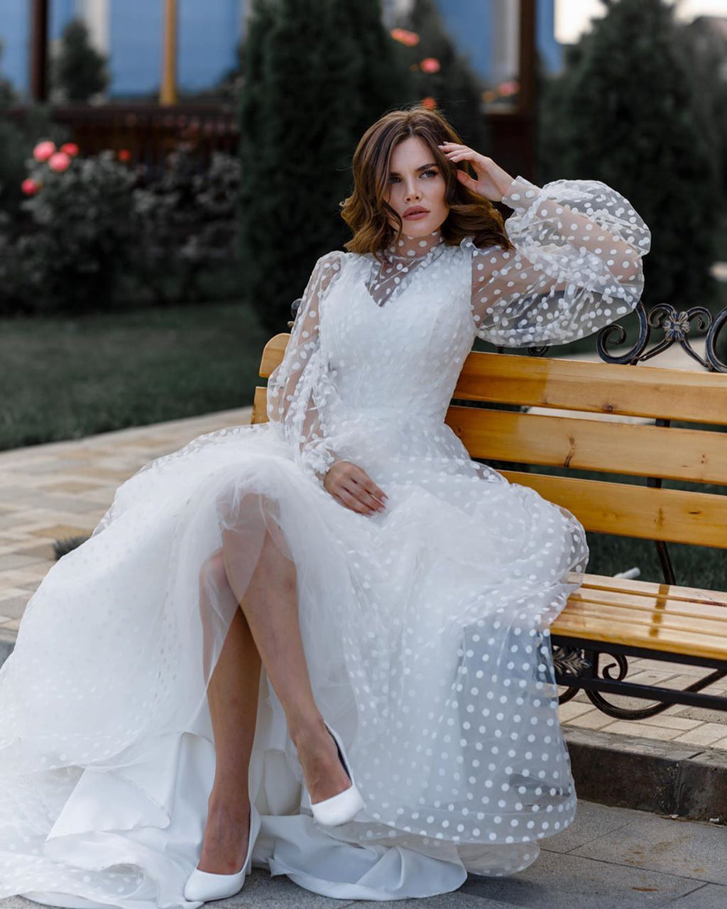Women’s White Polka Dot Mesh Puff Sleeve Dress