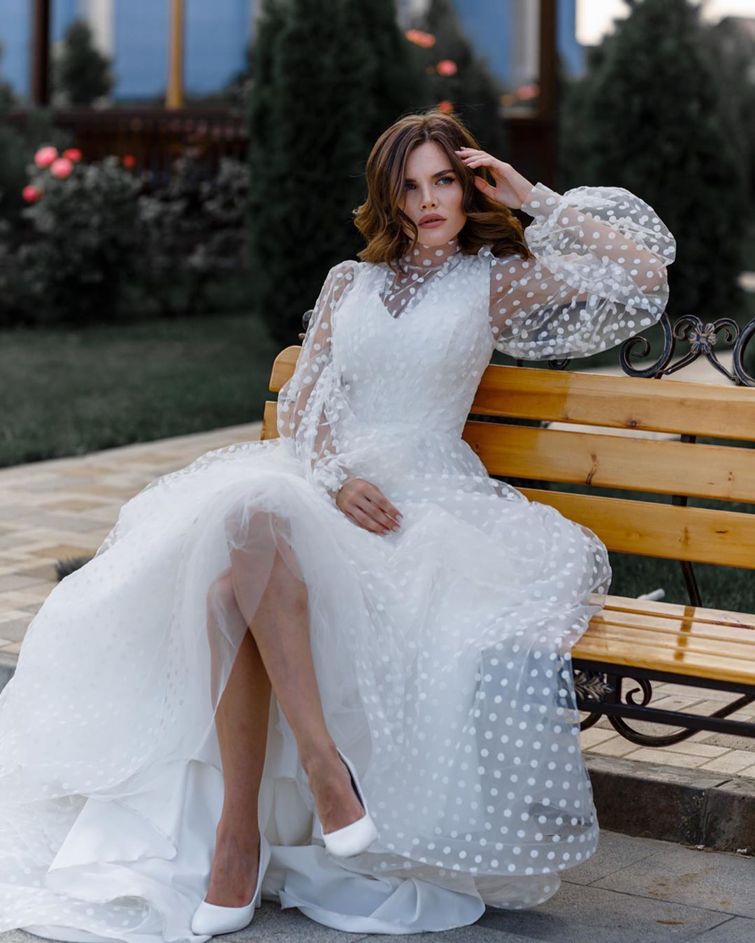 Women’s White Polka Dot Mesh Puff Sleeve Dress