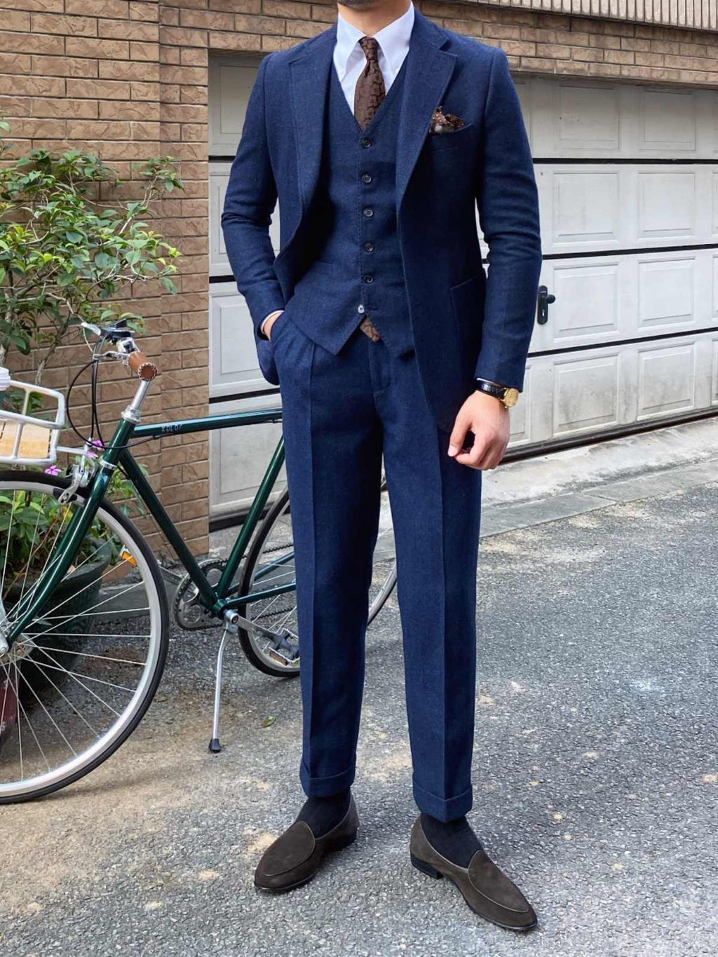 Retro Herringbone Wool Slim Fit Men's Winter Suit Set