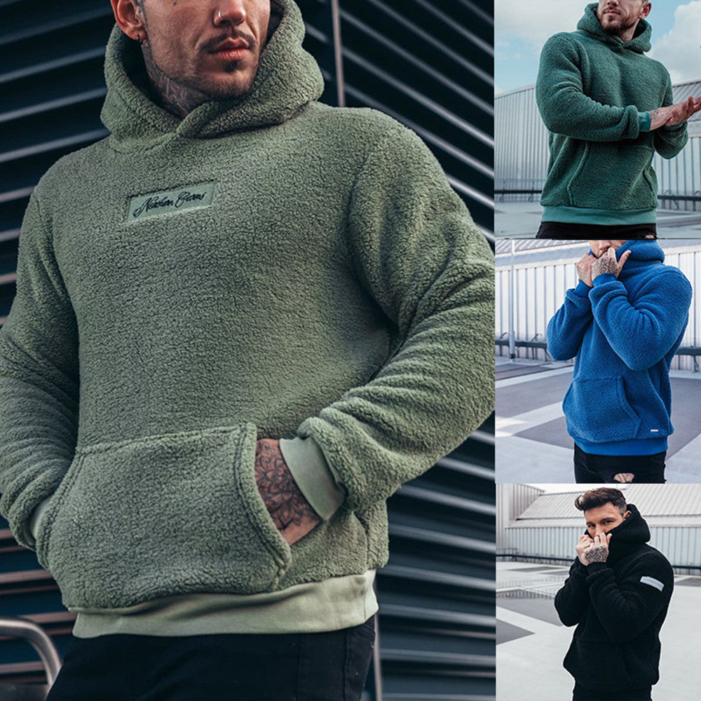Men's Plush Cotton Hoodie Pullover with Large Pocket Long Sleeve Solid Colors