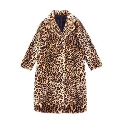 Manteau extra long en fausse fourrure imprimé léopard pour femme