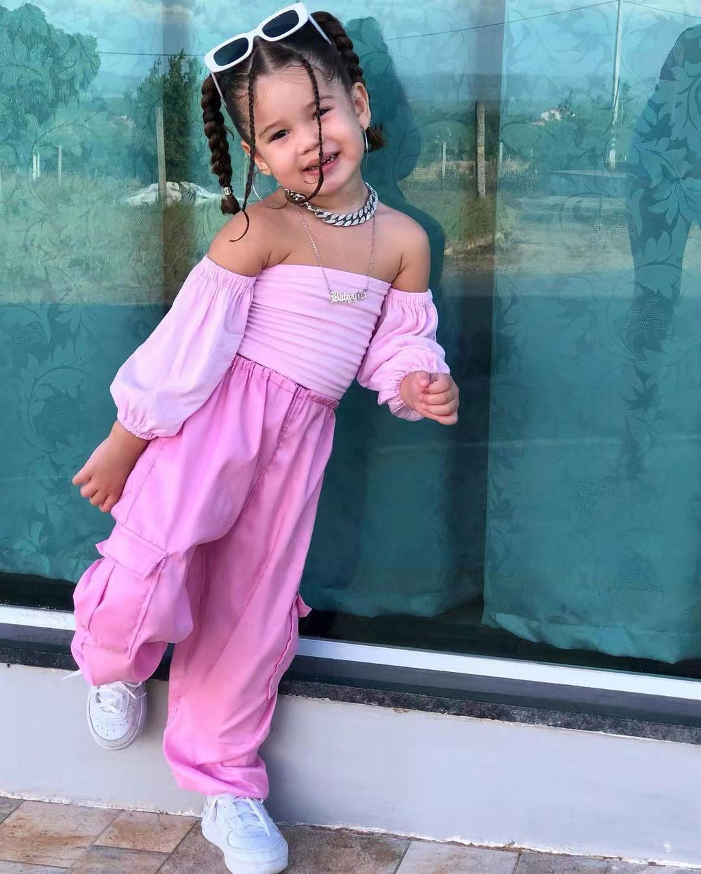 Off-Shoulder Raglan Sleeve Overalls Suit with Straight Trousers