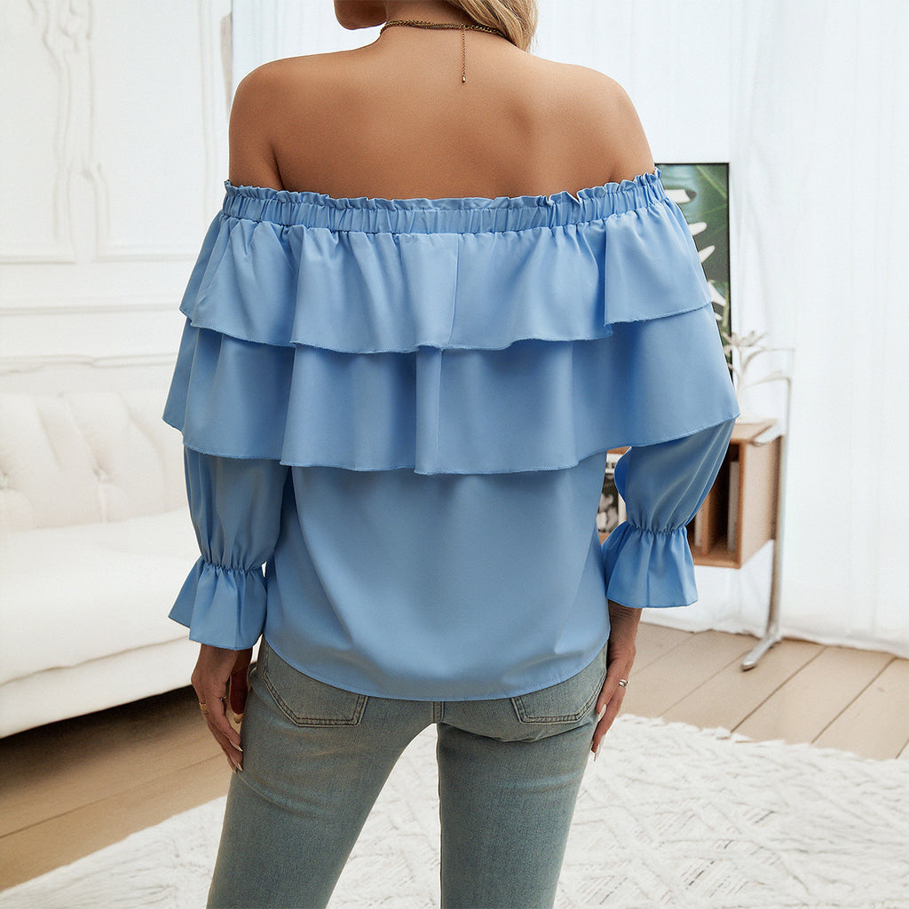 Off-Shoulder Bishop Sleeve Top in Light Blue, Black & White, Sizes S-XL