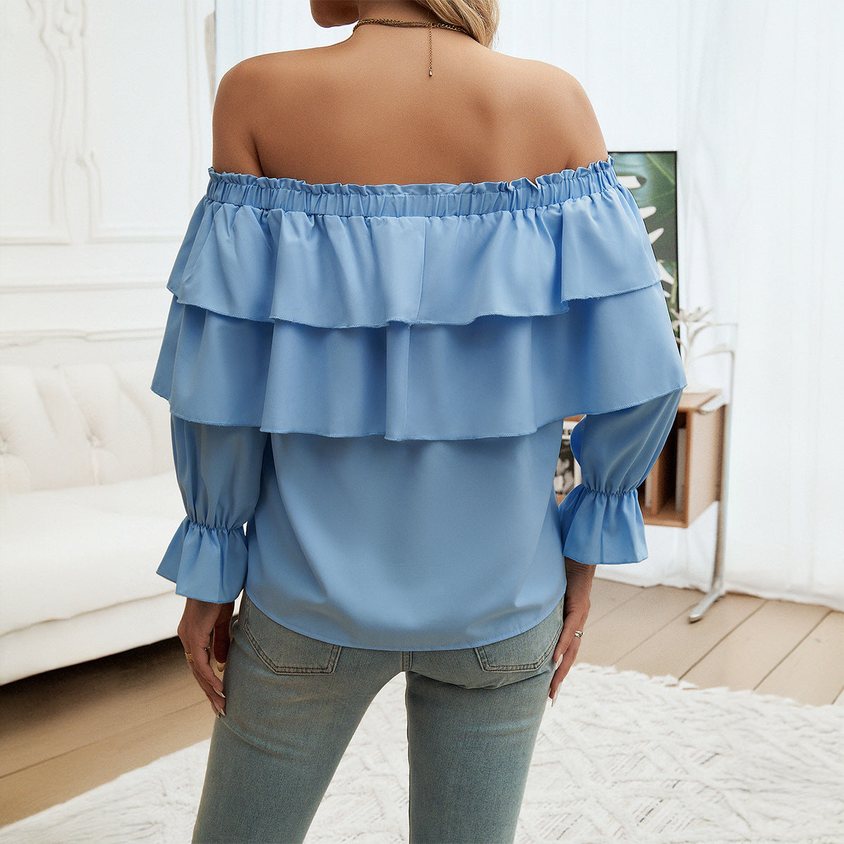 Off-Shoulder Bishop Sleeve Top in Light Blue, Black & White, Sizes S-XL