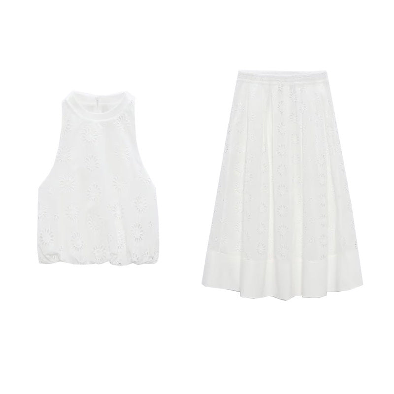 White Hollow-out Embroidered Top High Waist Skirt