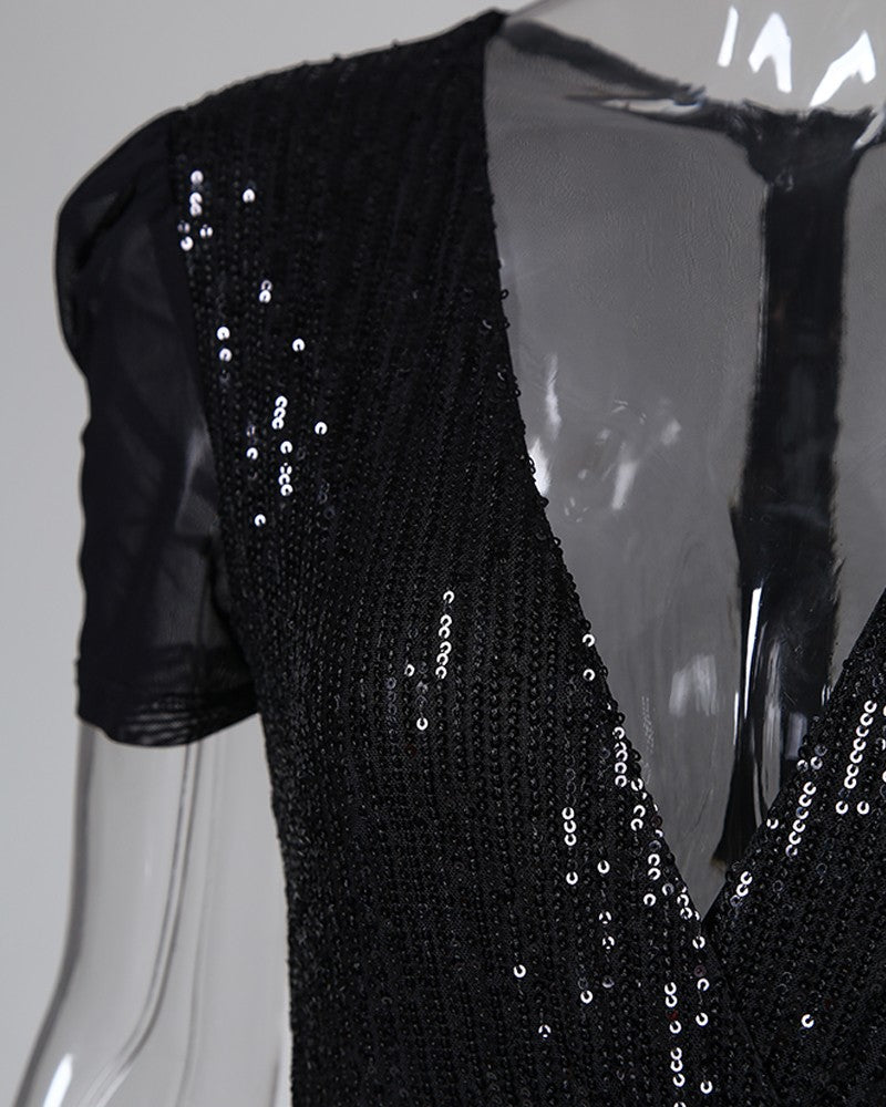 Combinaison longue à paillettes noire en V profond, mélange de coton
