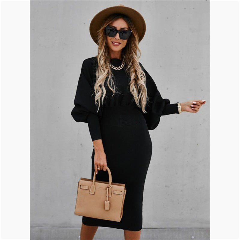 European And American Women's Solid Color Lantern Sleeve Waist One Step Skirt