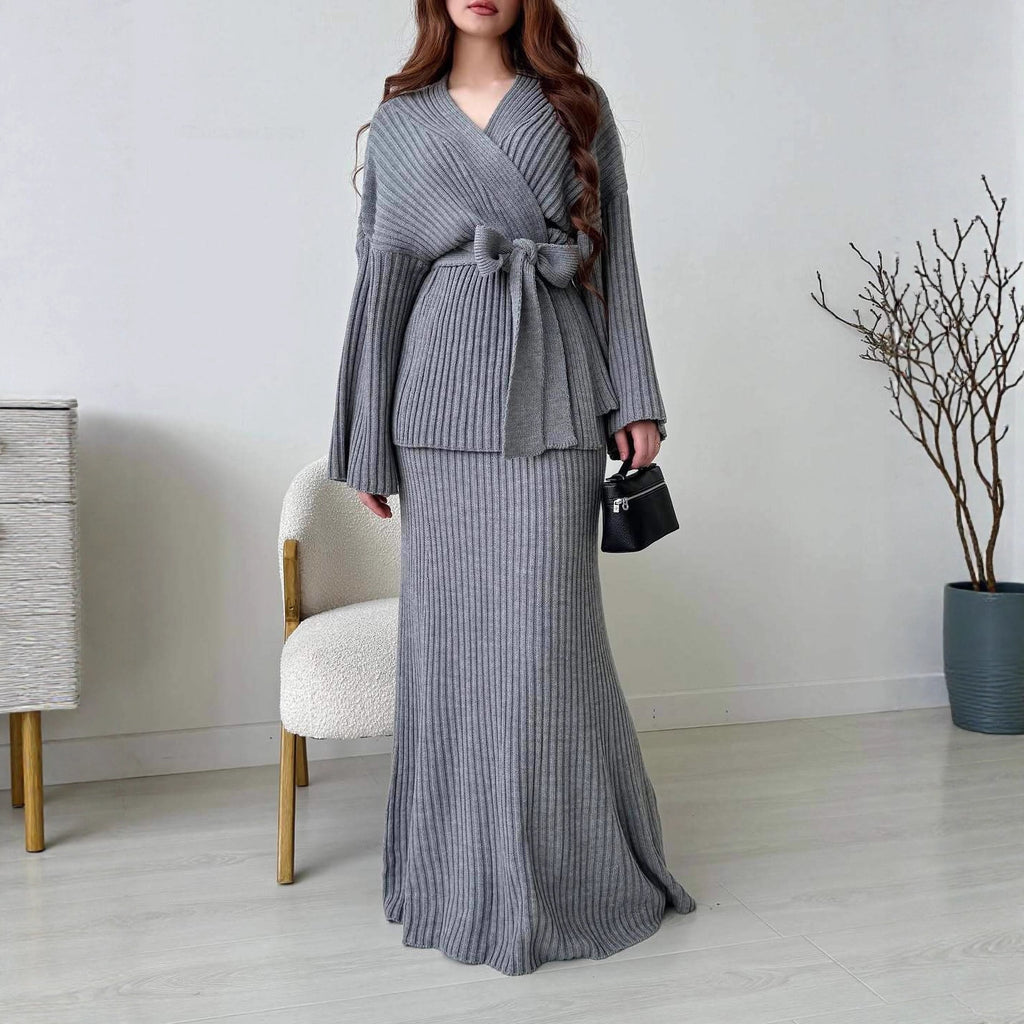 V-Neck Ribbed Sweater Knit Wrap Dress with Straight Skirt & Bow Tie
