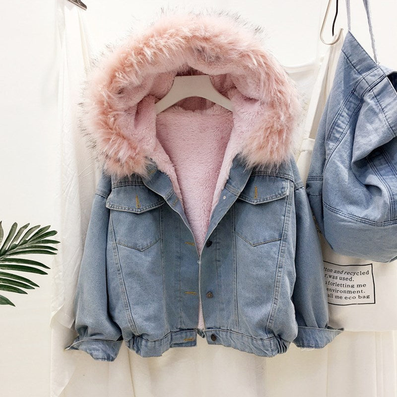 Plush Padded Cotton Denim Jacket with Long Sleeves