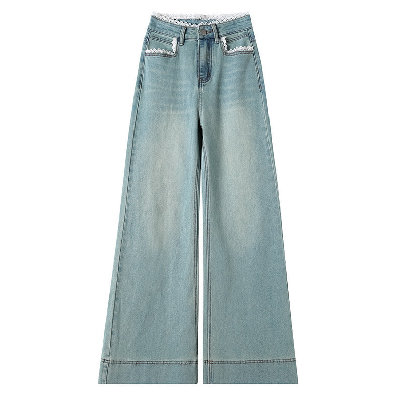 Jean large taille haute en dentelle pour femme