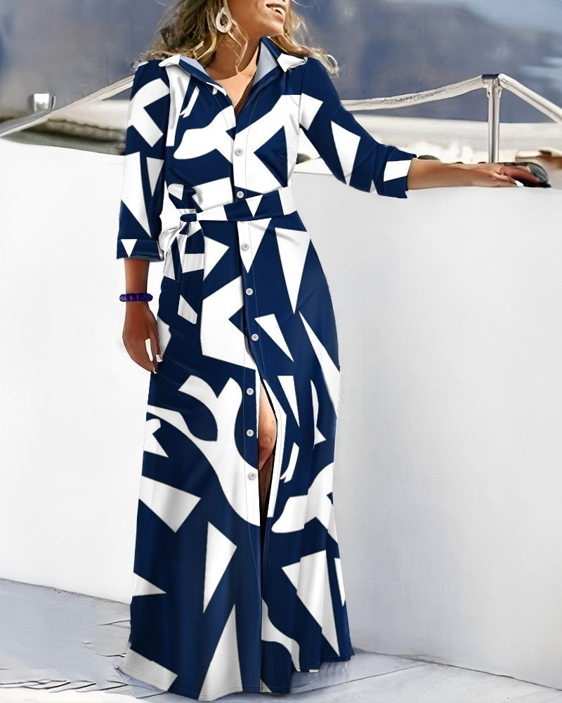 Fashion Long Sleeve Printed Shirt Dress