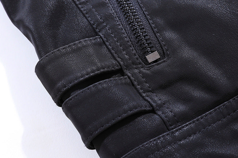 Men's Vintage Washed PU Leather Jacket with Stand-Up Collar