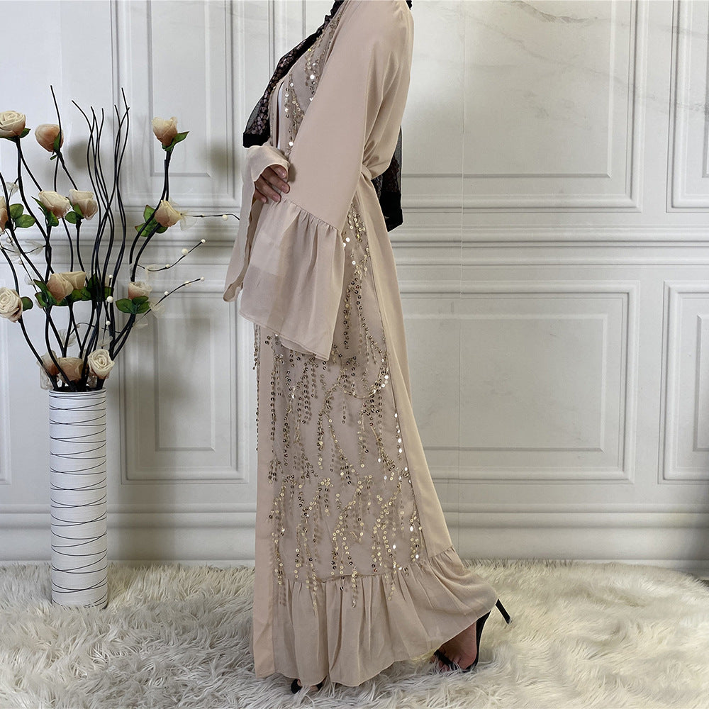 Apricot Sequin Chiffon Cardigan Robe for Muslim Women