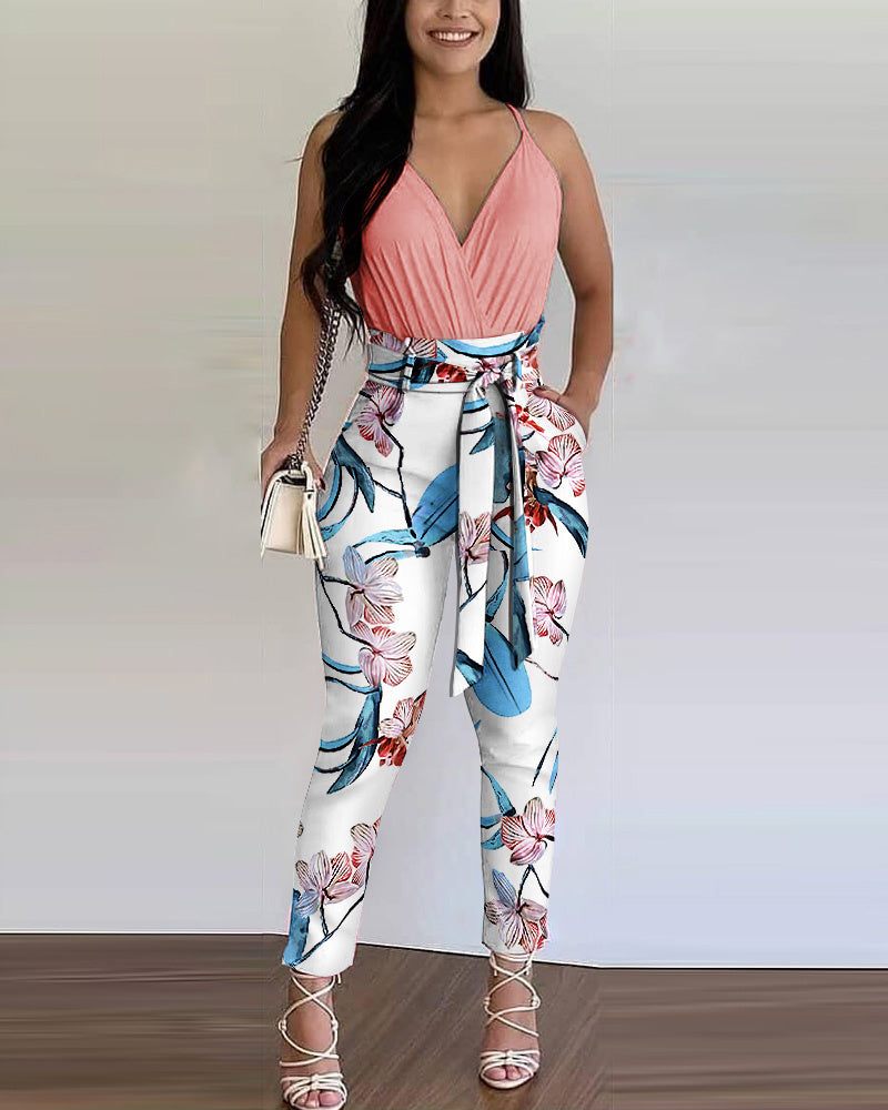 Ladies European And American Contrast Print Two Piece Suit