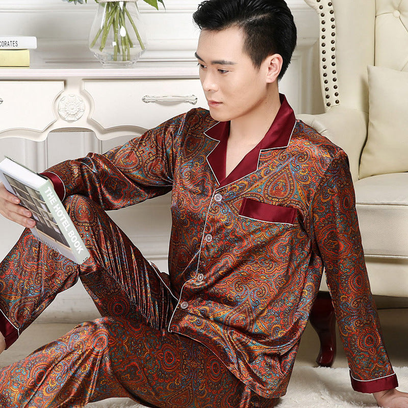 Men's Plus Size Long Sleeve Imitation Silk Pajamas Set