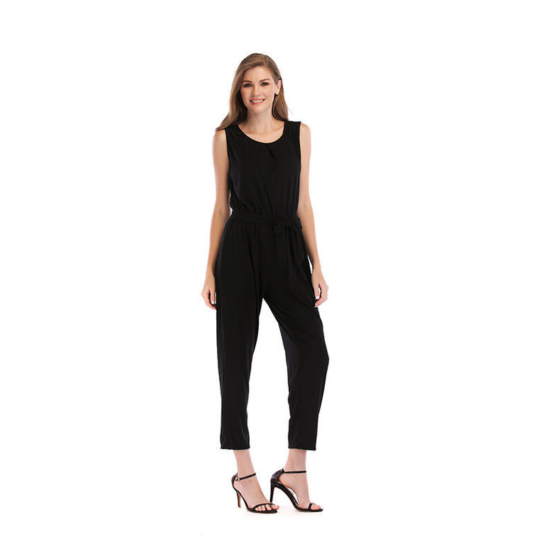 Solid Color Mid-Waist Nine-Minute Cotton Blend Jumpsuit