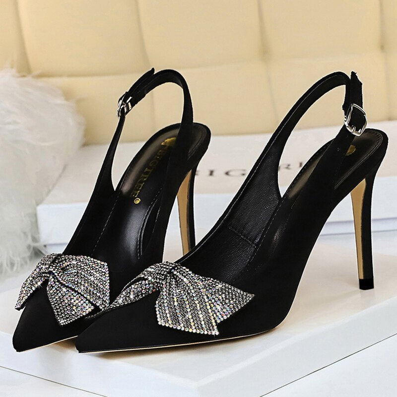 Sexy Slim Stiletto Suede High Heel Pointy Rhinestone Bow Shoes