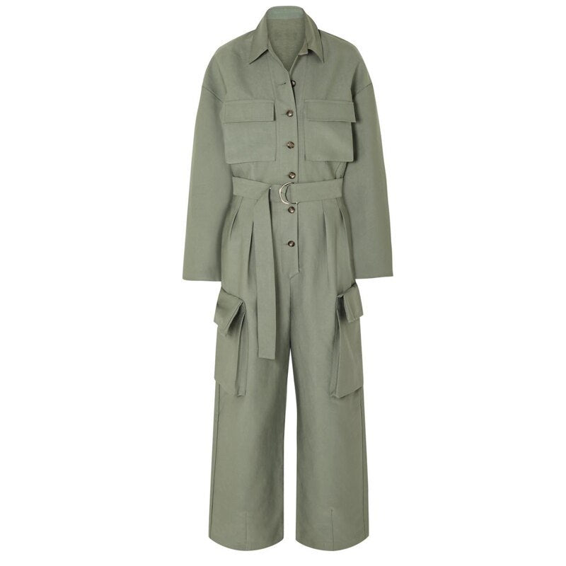 Shirt style long sleeve waist and wide leg overalls for women