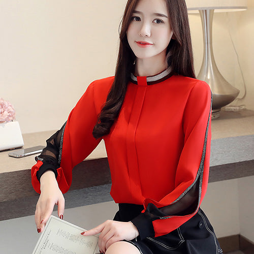 Chemise de base à col montant et manches longues en mousseline pour femmes