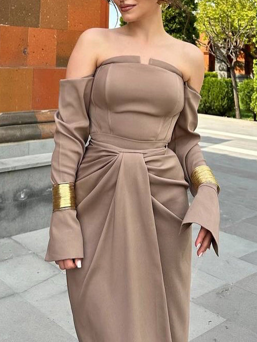 Off-Shoulder Draped Maxi Evening Dress Polyester