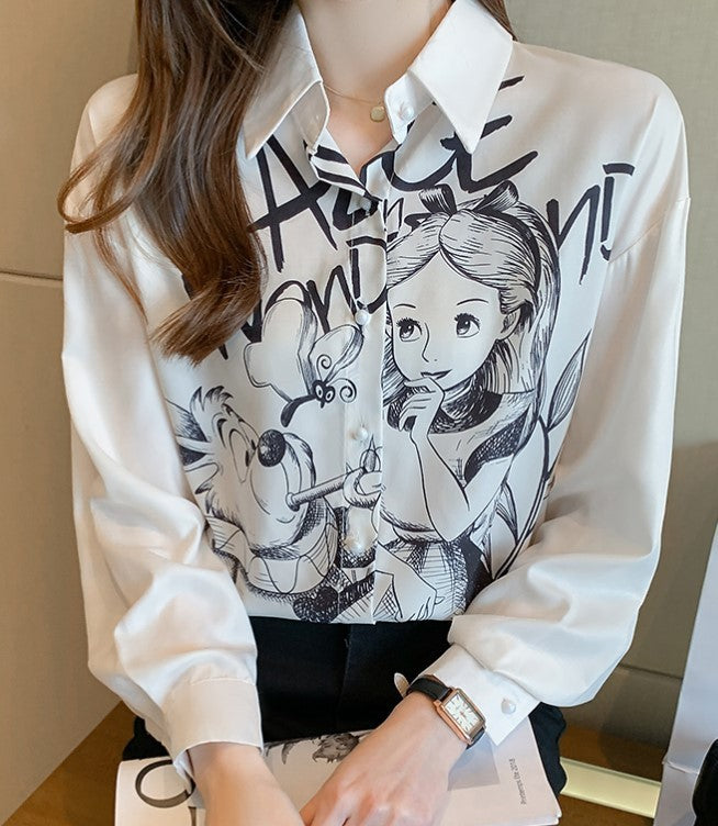 Women's White Printed Loose Chiffon Shirt Top