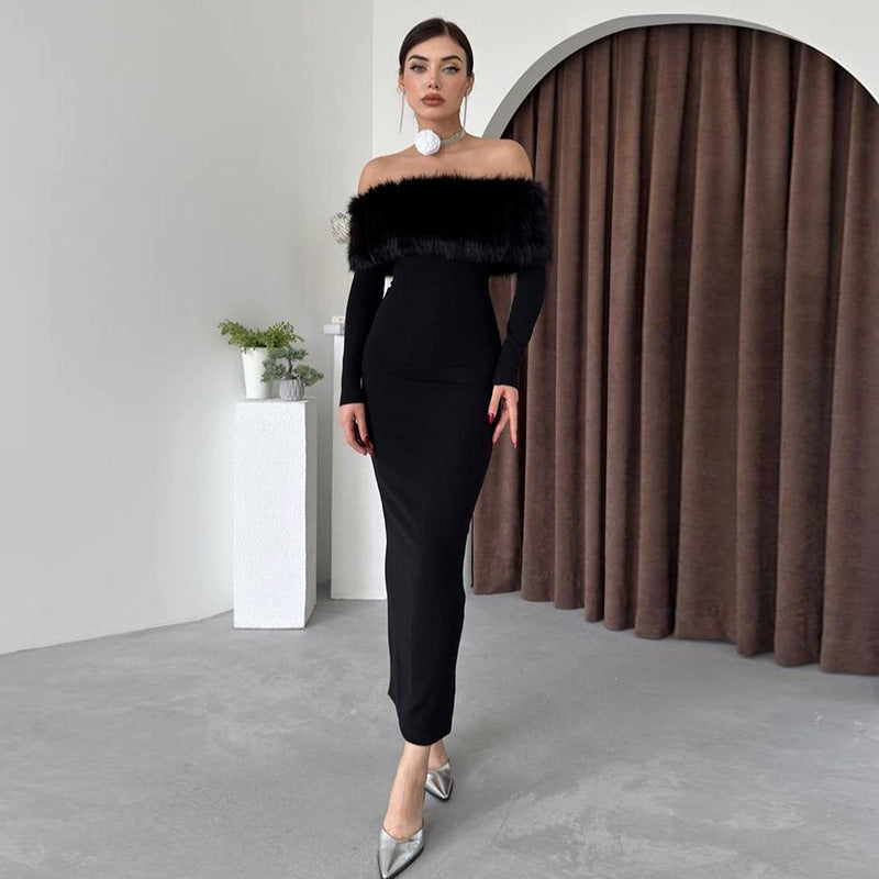 Off-Shoulder Black Fur Collar Slim Fit Dress for Women S-L