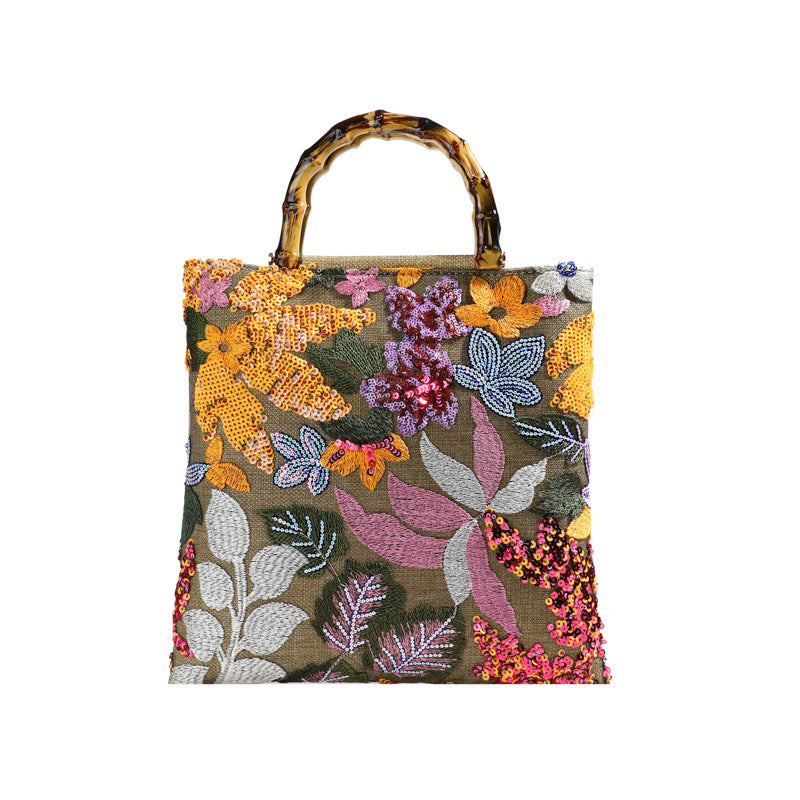 Vintage Embroidered Colorful Sequin Bamboo Handbag