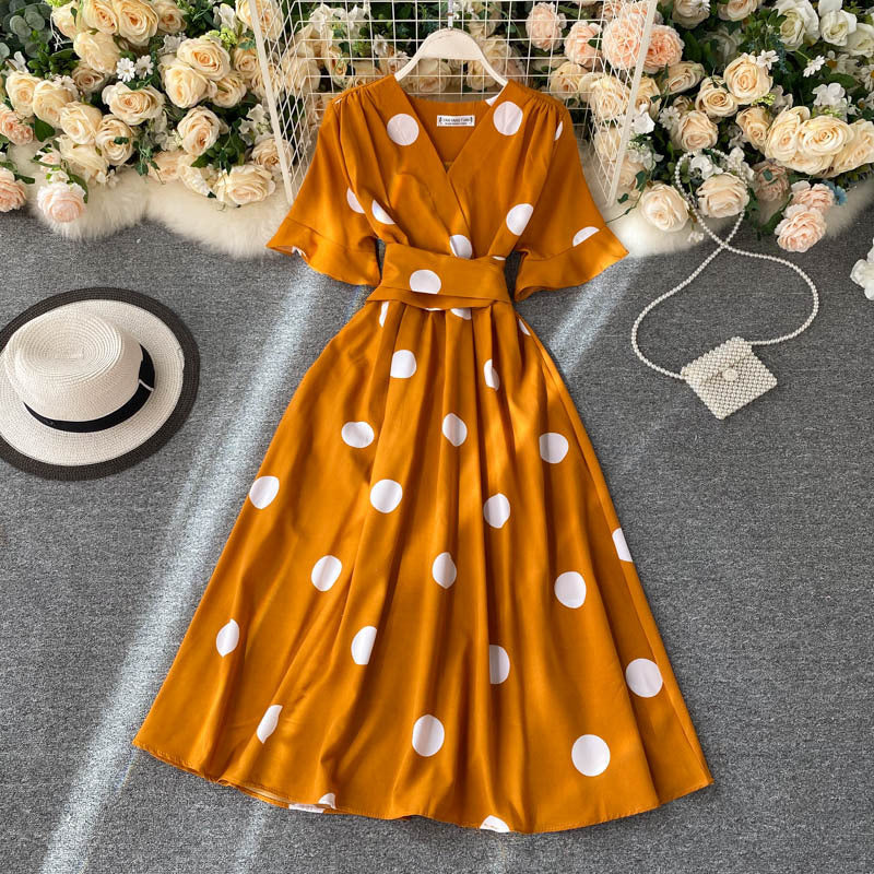Design Sense Lace-up Waist-controlled Slimming Retro Over The Knee A- Line Dress