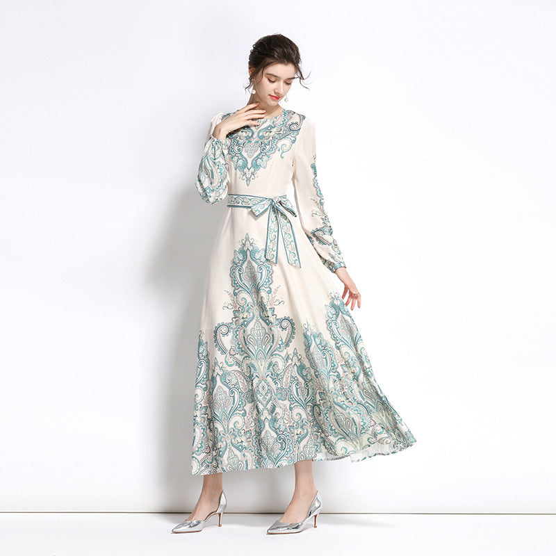 Robe trapèze imprimée à manches longues et col rond pour femme