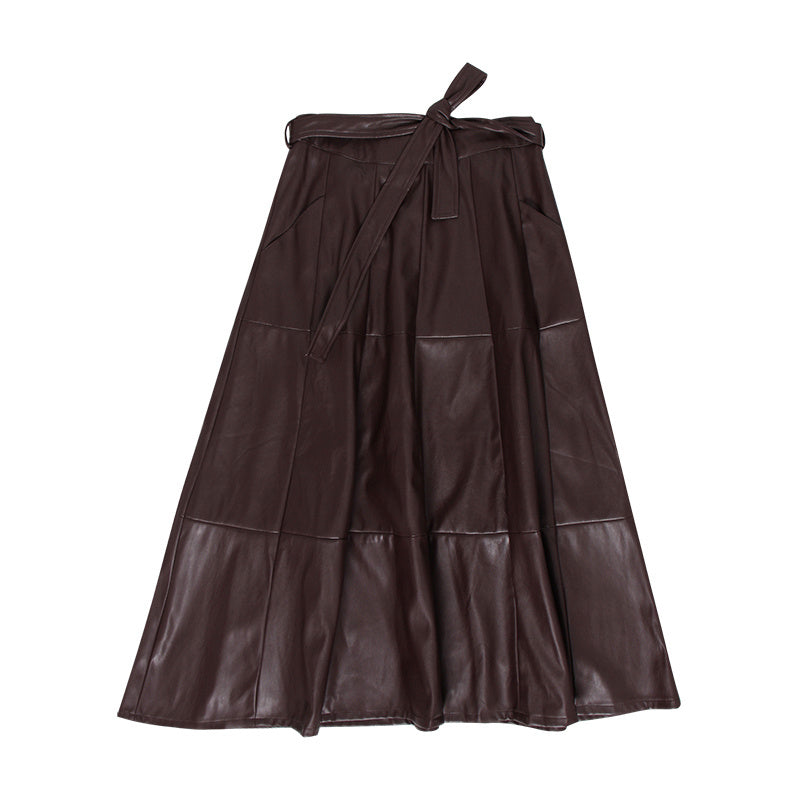 jupe longue trapèze taille haute en similicuir PU