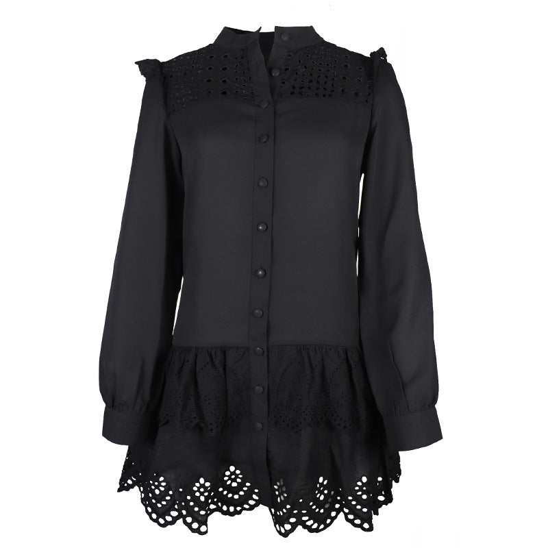 Women's Hollowed-Out Lace A-Line Shirt Dress in White & Black