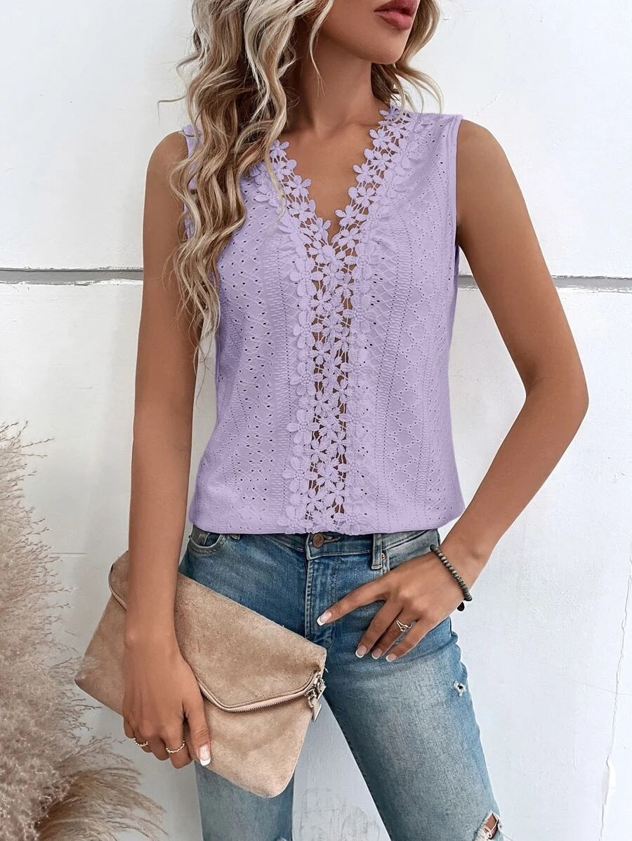 V-neck Stitching Hollow Out Lace Vest T Top For Women
