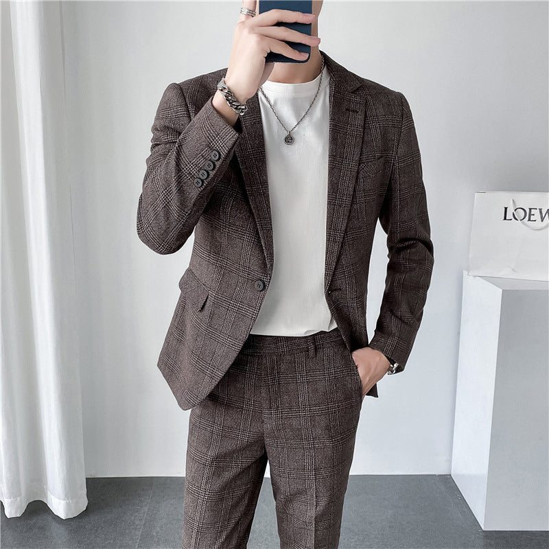 Men's Slim Fit Plaid Two-Piece Business Casual Suit