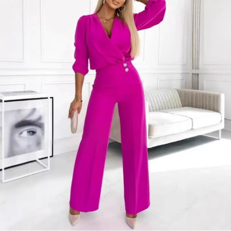 Women's Solid Color And V-neck Two-button 2-piece Trousers Suit