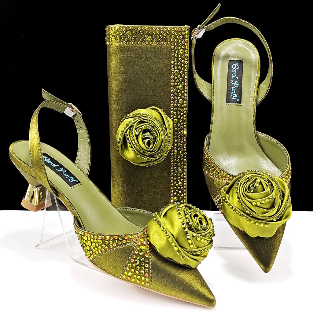 Handmade Satin High Heels & Bags Set with Flower Decoration