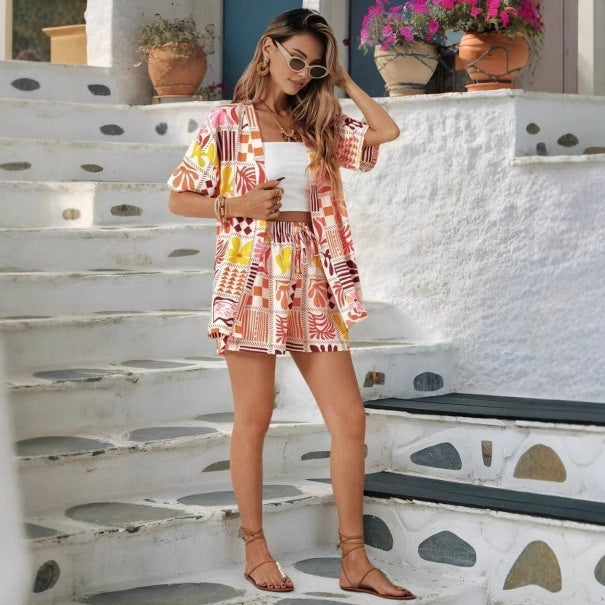 Women's Shirt And Elastic Waist Shorts Casual Suit
