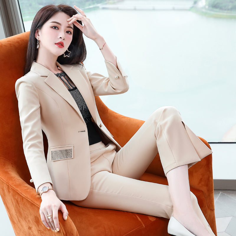 Tailleur-pantalon professionnel pour femmes en polyester avec manteau – Beige, Rouge, Noir, Tailles S-4XL
