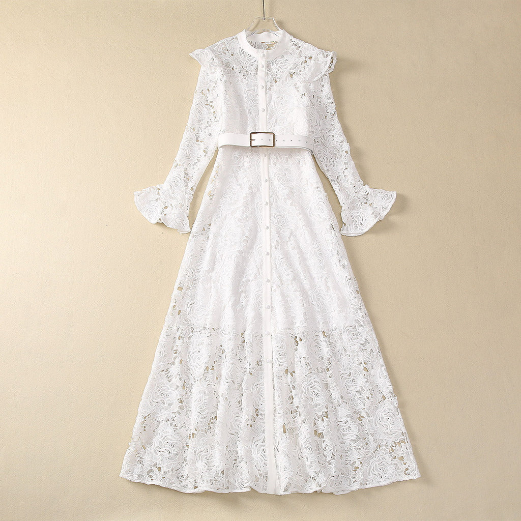 White Stand Collar Single-Breasted Flared Long Sleeve Dress