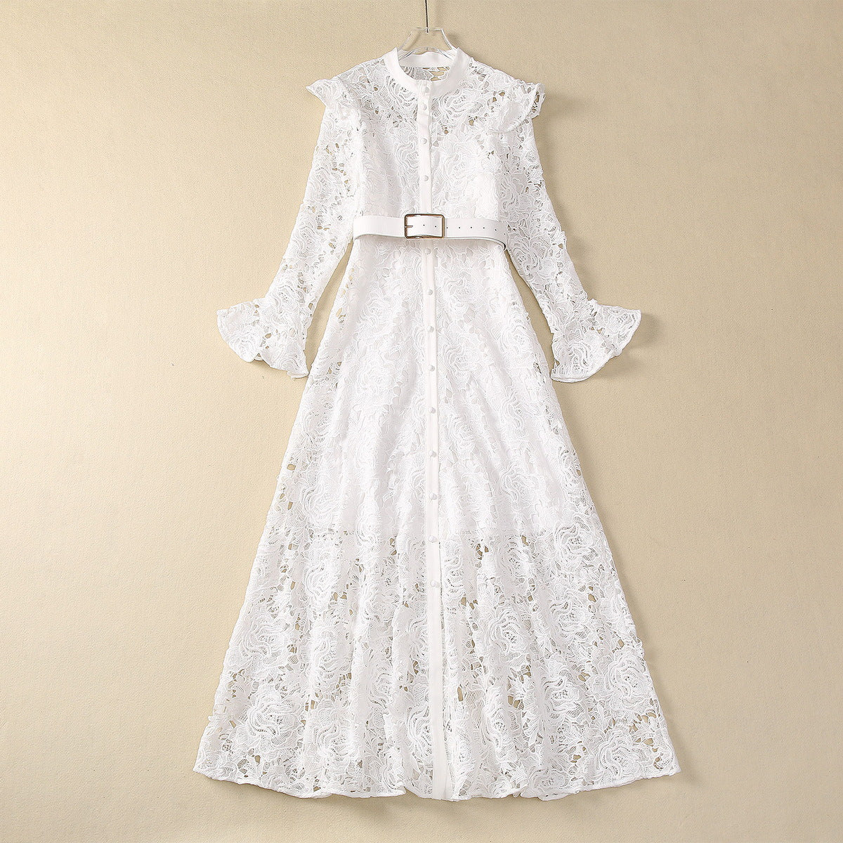White Stand Collar Single-Breasted Flared Long Sleeve Dress