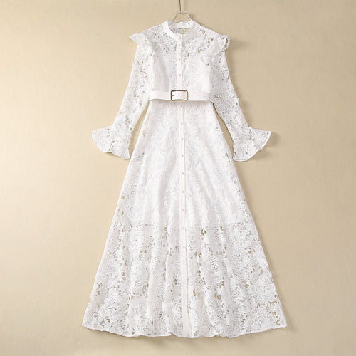 White Stand Collar Single-Breasted Flared Long Sleeve Dress