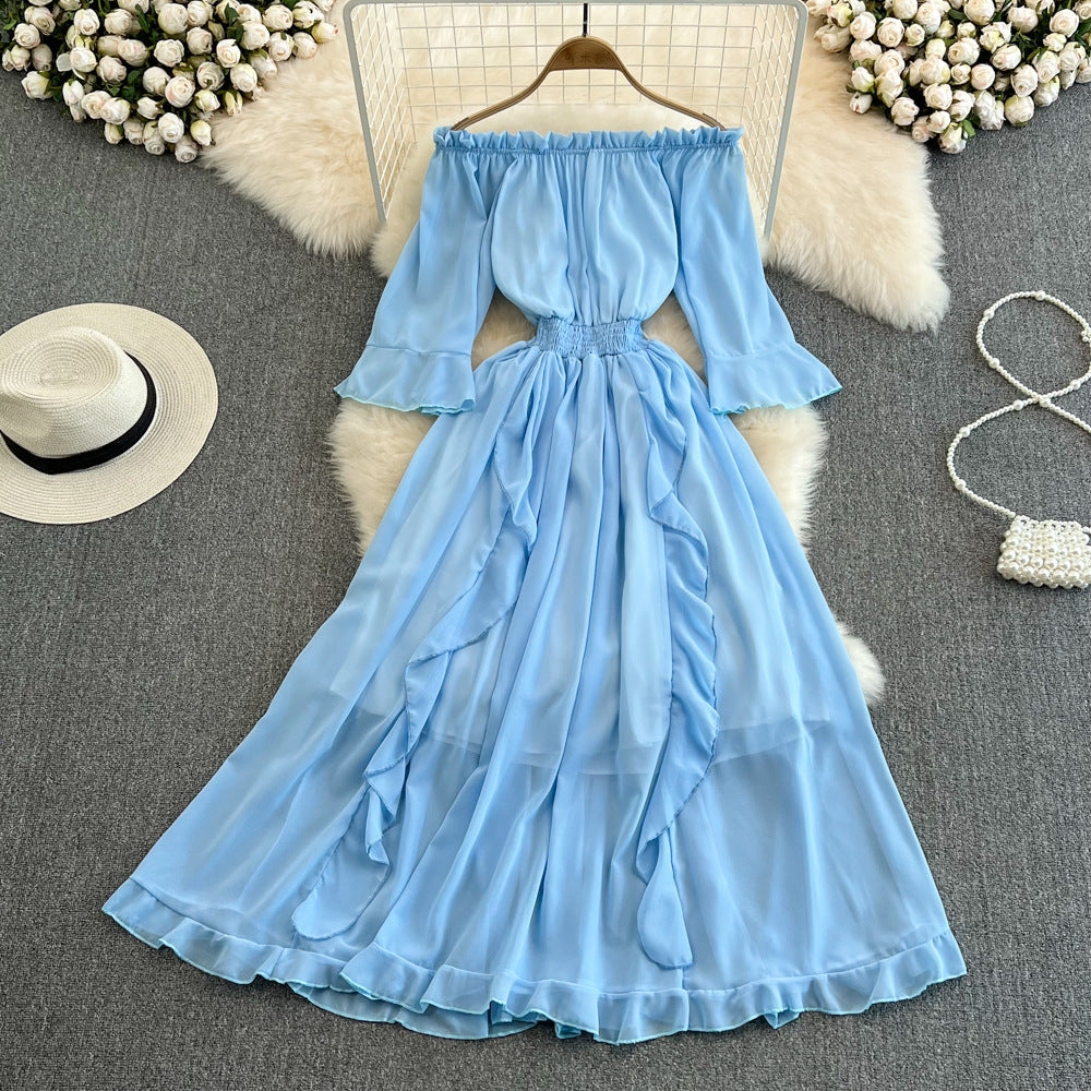 Robe Mi-Longue en Mousseline à Volants Épaules Dénudées Coupe Trapèze