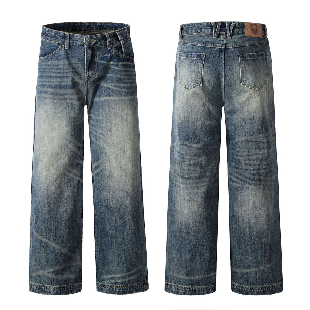Men's Retro Blue High Waist Straight Cotton Jeans