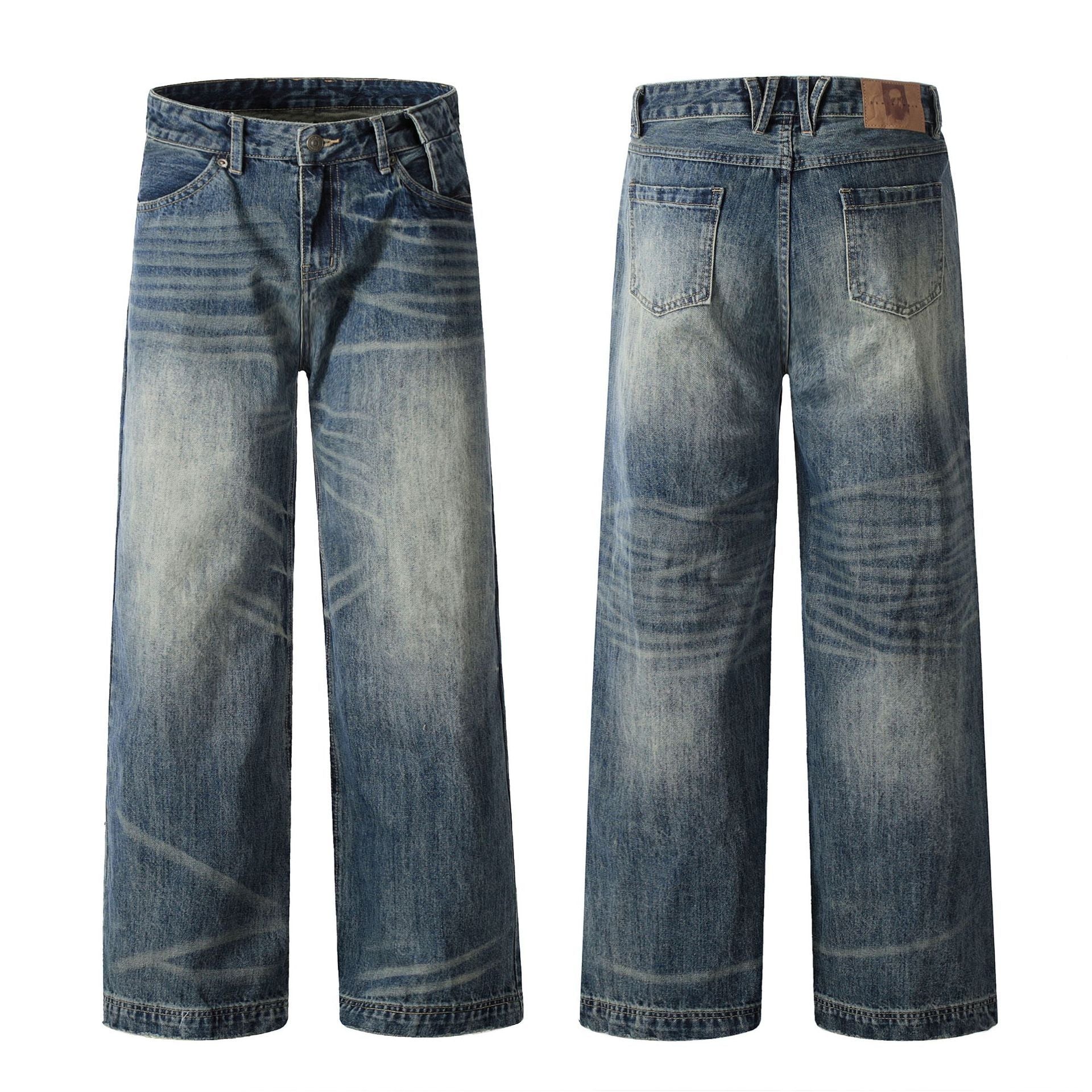 Men's Retro Blue High Waist Straight Cotton Jeans