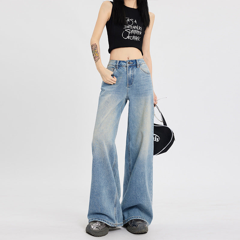 Jeans taille haute rétro bleus coupe large pour femme