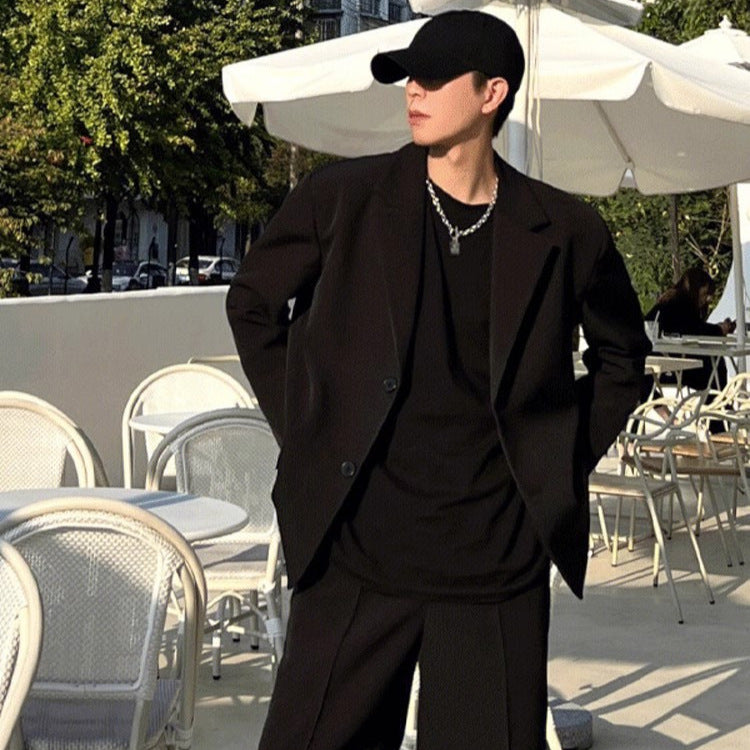 Men’s Casual Spring Autumn Suit Jacket with Padded Shoulders in Edgy Korean Style